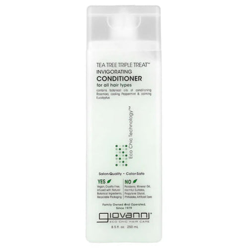 Giovanni Tea Tree Triple Treat Invigorating Conditioner clear bottle with green text on a plain white background.