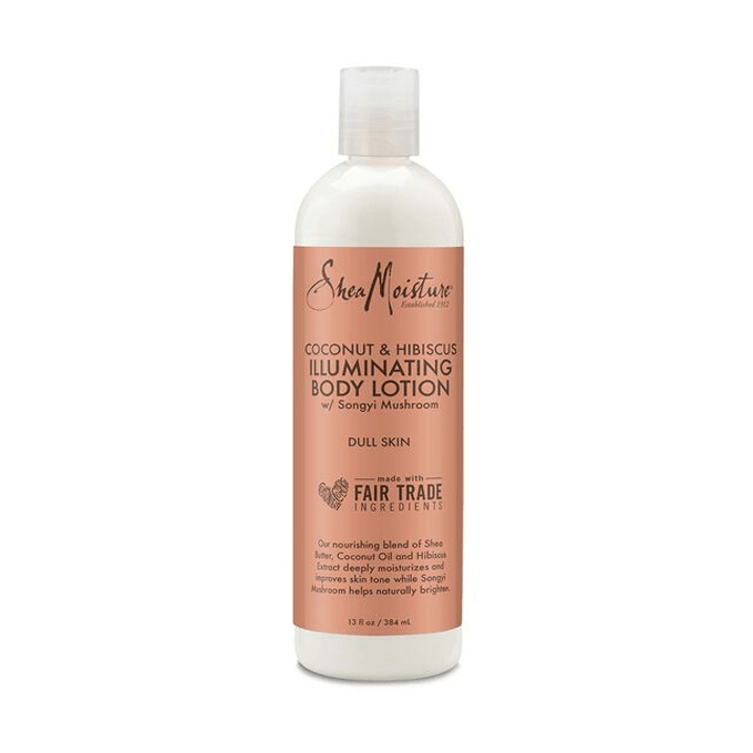 SheaMoisture Coconut & Hibiscus Illuminating Body Lotion 13 fl oz bottle on a white background.