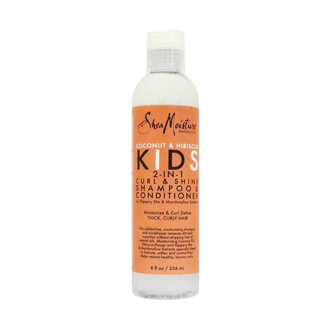 SheaMoisture Coconut & Hibiscus Kids 2-in-1 Curl & Shine Shampoo & Conditioner 8 fl oz bottle on a white background.