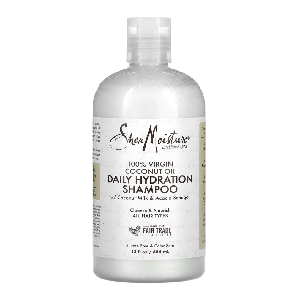SheaMoisture 100% Virgin Coconut Oil Daily Hydration Shampoo 13 fl oz bottle on a white background.