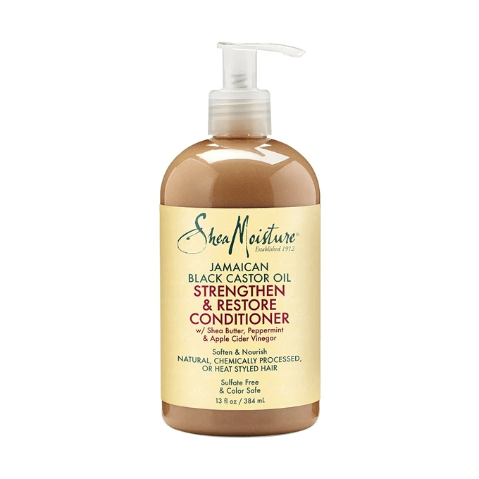 SheaMoisture Jamaican Black Castor Oil Strengthen & Restore Conditioner with shea butter and peppermint for hair.