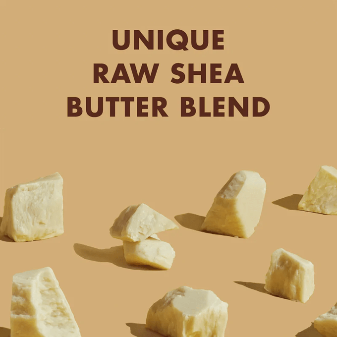Text reading UNIQUE RAW SHEA BUTTER BLEND above several raw shea butter chunks scattered on a warm tan background.